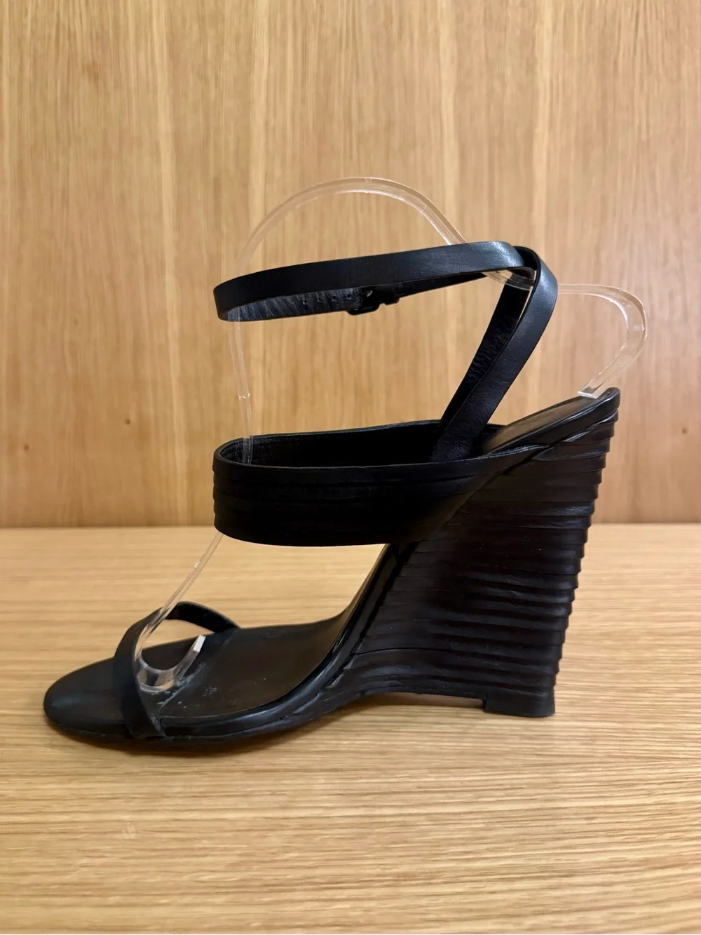 Bottega Veneta Black Leather Wrap-Around Wedge Sandals